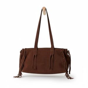 Free People Wren East West Fringe Suede Shoulder Bag – Espresso – New